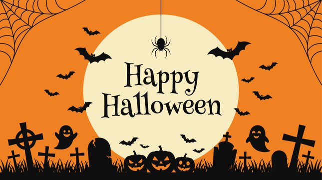A festive and spooky halloween background featuring a large full moon with bats spiders pumpkins and a graveyard silhouette for holiday celebration