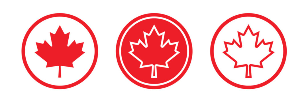 Maple leaf Canada flag icon set. National canadian emblem red and white maple leaves sign
