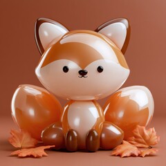 Naklejka premium A puffy balloon fox sits on a russet background surrounded by colorful autumn leaves creating a playful and cute setting.