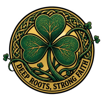 An Irish shamrock clover inside a golden circle frame with celtic knot ornaments. Arching retro typography with a traditional thematic phrase along the lower edge of a thick dark sticker layout.