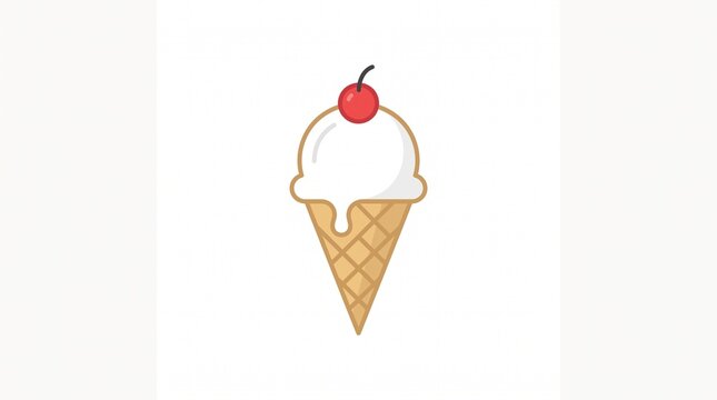 Cute Ice Cream Cone Vector Icon. Vanilla Scoop with Waffle Cone. Sweet Dairy Dessert Emblem with Cherry Topping. Flat Cartoon Style Graphic for Kids Menu, Cafe Logo, Summer Party Design Element