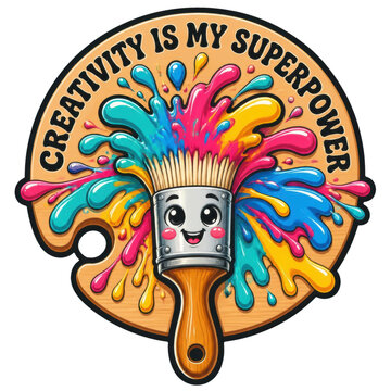 A cute paint brush character with a smiling face on a wooden artistic palette background. Colorful ink splashes with a bold circular slogan along the outer border of a thick die-cut sticker shape.