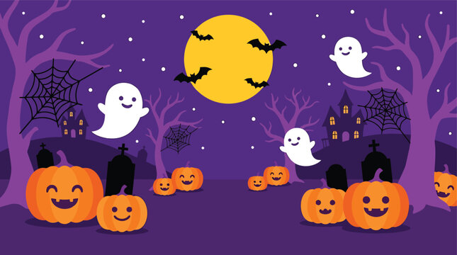 A festive halloween background featuring cute ghosts and smiling pumpkins under a bright full moon in a dark purple spooky forest setting