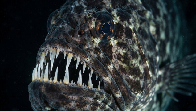 Close-up of a deep sea fish with long fangs