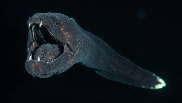 Deep sea eel with open jaws and a glowing tail tip