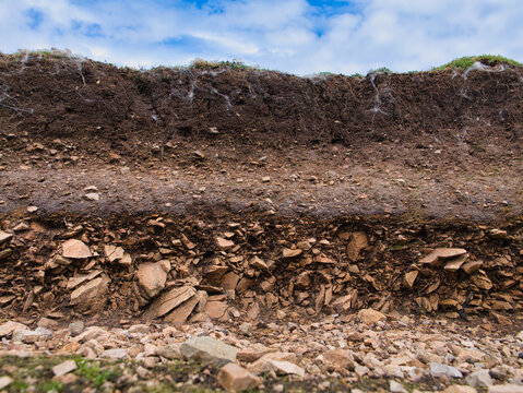 Earthy layers of topsoil subsoil and broken rock form a detailed natural geology texture on Fair Isle UK