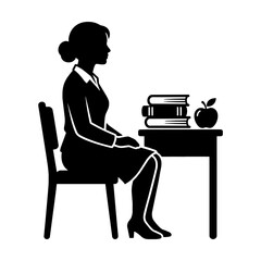 Fototapeta premium Silhouette of a female teacher sitting at a desk with books and apple