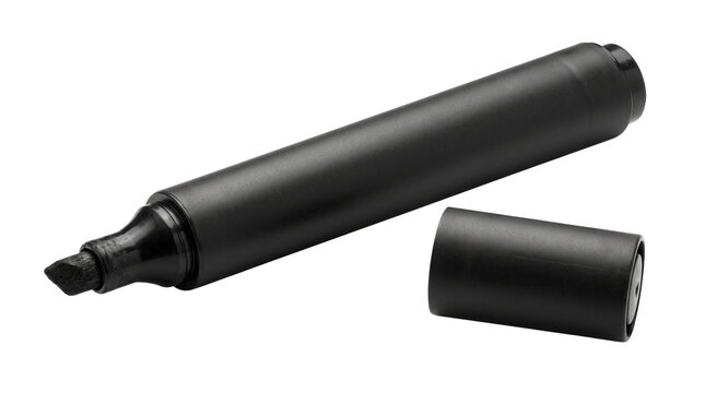 Black permanent marker with open cap, professional felt tip pen for office supplies, matte black ink marker for drawing and labeling isolated PNG with Transparent Background