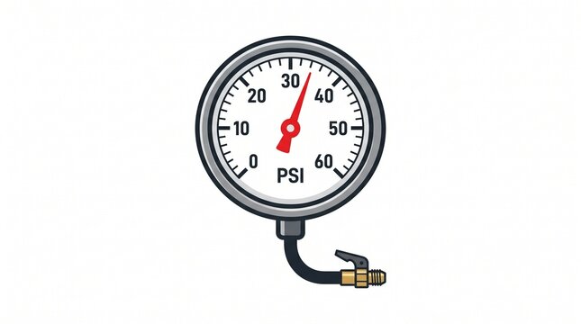 Pressure gauge with PSI scale, hose connection and red pointer, technical instrument illustration, mechanical measuring device for automotive, plumbing and industrial use