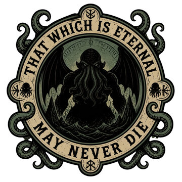 A dark Cthulhu monster silhouette rising from ocean waves inside a circular frame with wrapping tentacles. 