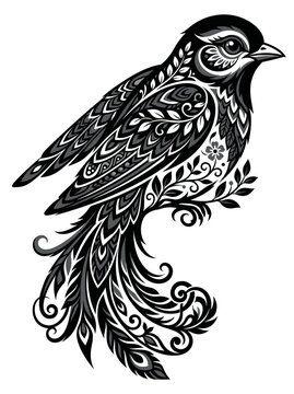 ornate bird songbird silhouette zentangle floral mandala plumage blackwork tattoo design laser cut cricut vinyl decal tshirt print screenprinting embroidery craft clipart poster

