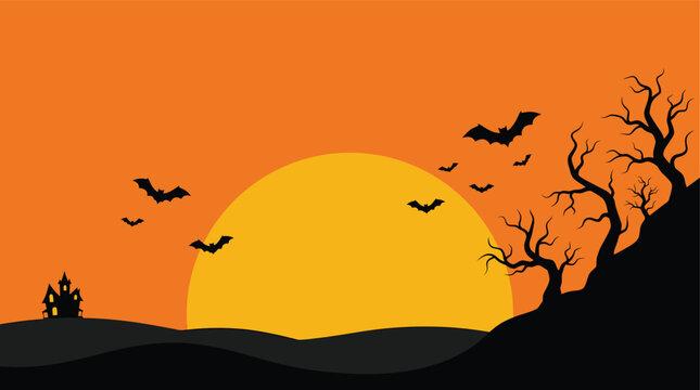 A spooky halloween background featuring a large yellow moon silhouettes of bare trees flying bats and a haunted house at sunset time