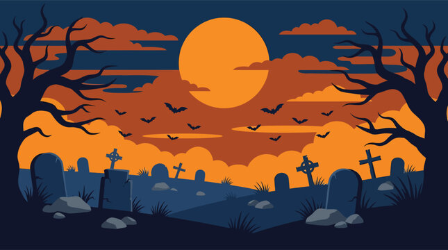 A spooky halloween background featuring a large orange full moon rising over a dark graveyard with silhouettes of dead trees and bats