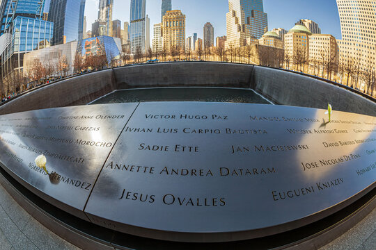 NEW YORK, USA - MARCH 9, 2020: Large angle view of Memorial of 11 September 2001, located in WTC Memorial Plaza, Manhattan.