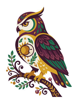 folk art owl celestial sun moon mystical bird ornament bohemian botanical branch craft dtg tshirt print embroidery sublimation decals sticker poster boho decor stationery graphic
