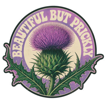 A purple thistle plant inside a circular frame. Retro typography with a botanical slogan along the thick sticker outline.