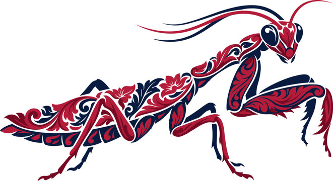 ornate praying mantis insect floral scrollwork filigree red navy blue tattoo design dtg tshirt print sublimation decals vinyl sticker embroidery craft poster apparel graphic
