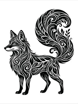 ornate floral fox silhouette zentangle tribal mandala scrollwork black ink animal tattoo design laser cut cricut vinyl decal tshirt print screenprinting embroidery craft clipart
