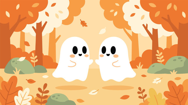 A cute cartoon illustration featuring two friendly ghosts holding hands in a magical autumn forest for a festive and colorful halloween background design
