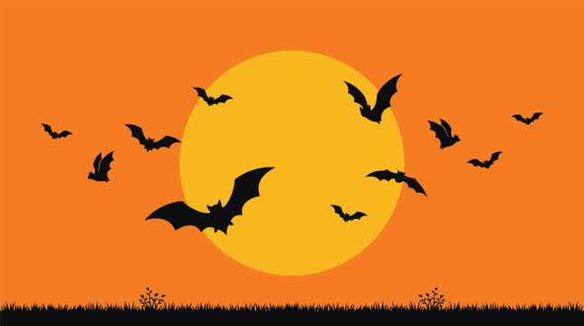 A spooky halloween background featuring a large yellow full moon and a flock of black flying bats against a vibrant orange sky