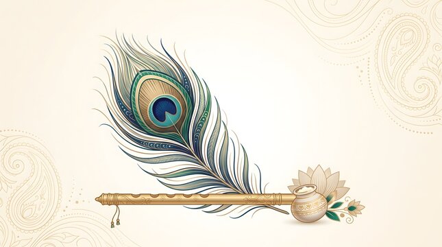 Peacock feather and flute with a butter pot a lotus flower on a white background.