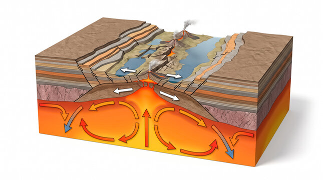 Plate Tectonics and Volcanic Activity: A detailed cross-section illustrating the dynamic forces of plate tectonics, showing converging plates, subduction, mantle convection.
