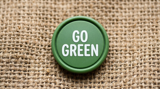 A green circular sign with the text go green placed on a textured burlap fabric background