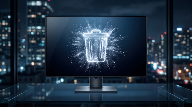 Computer monitor screen displaying a glowing trash bin icon concept with digital light particles in a modern office