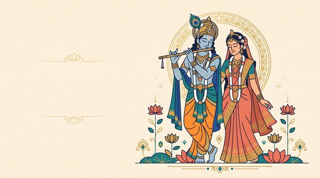 Hindu deity krishna playing flute with radha adorned in colorful traditional attire on auspicious occasion.