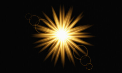 Golden sun flare with bright light rays, glowing starburst effect on black background, cinematic lens flare for overlays © Pipasha