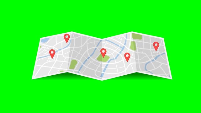 animation of a folded paper city map with red location pin markers on a green screen background for chroma key video editing