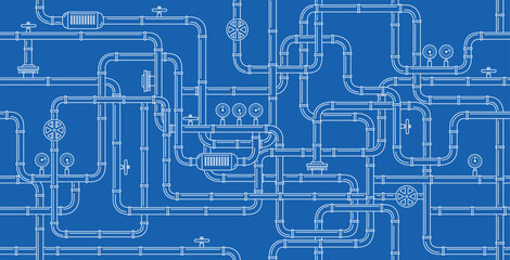Plakat Seamless pipe and valve wallpaper on a blue background.