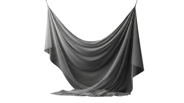 Hanging grey cloth drapery fabric with soft folds on transparent background