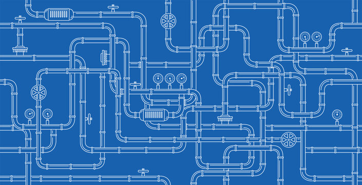 Seamless pipe and valve wallpaper on a blue background.