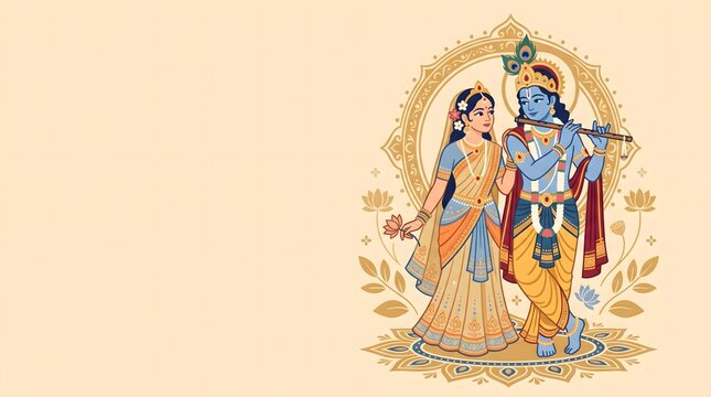 Lord krishna playing flute with devi radha surrounded by lotus flowers in decorative mandala frame.