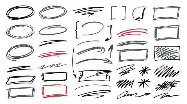 Hand drawn doodle shapes featuring circles squares arrows and cross marks for business editing notes isolated on transparent background