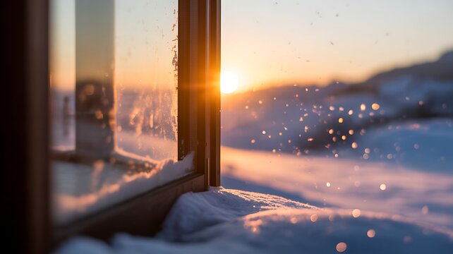 Serene winter sunset viewed through frosted windowpane with glowing bokeh and snow covered ledge