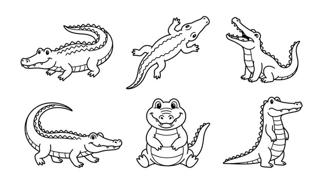 Cute Cartoon Crocodile Coloring Page Book Vector Illustration Set Featuring Friendly Baby Alligator Outlines for Kids Activities and Educational Kindergarten Worksheets