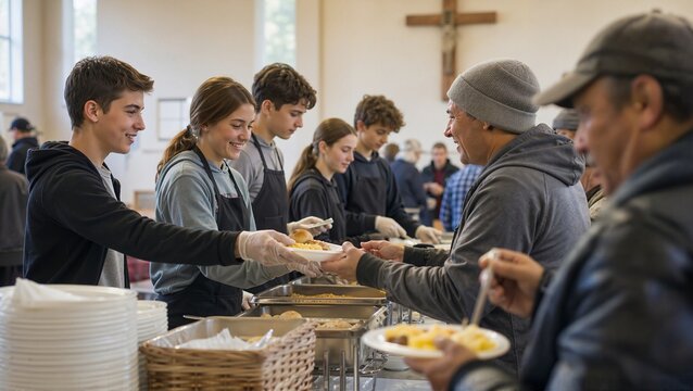 Community breakfast event with youth serving food in church kitchen. Individuals gather around warm meals being prepared and offered, creating a welcoming atmosphere for community members.