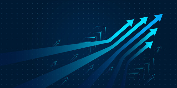 Blue business growth arrows vector background illustration, futuristic digital stock market upward arrow chart backdrop for corporate financial presentation slide, technology banner, and report header