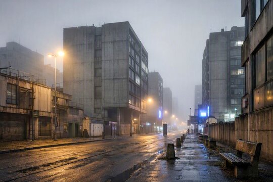 Fog covers a city street filled with tall buildings and a lone figure walking in the evening