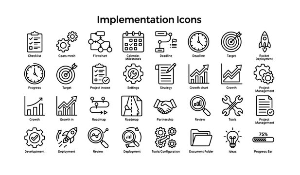 Project implementation outline vector icons set graphic
