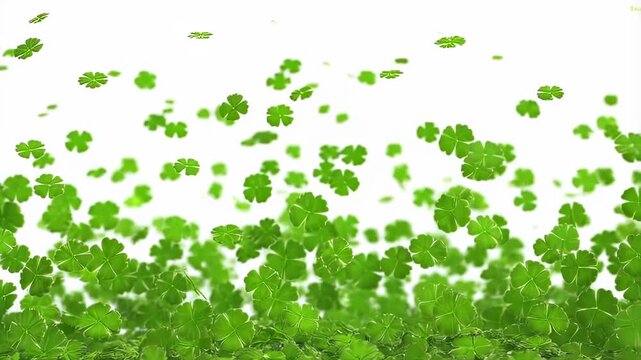 Many green four leaf clovers floating in the air for saint patricks day celebration