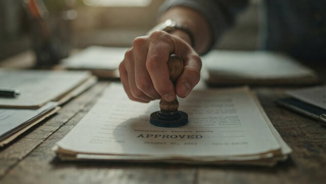 A close up of a hand pressing a rubber stamp onto a legal document.