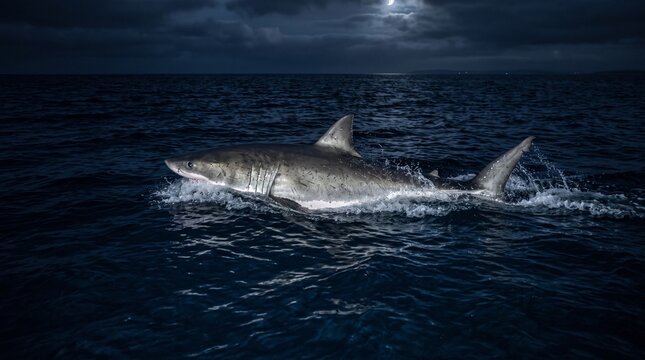 Great white shark swimming at night, majestic predator in dark ocean water, dramatic marine wildlife under moonlight