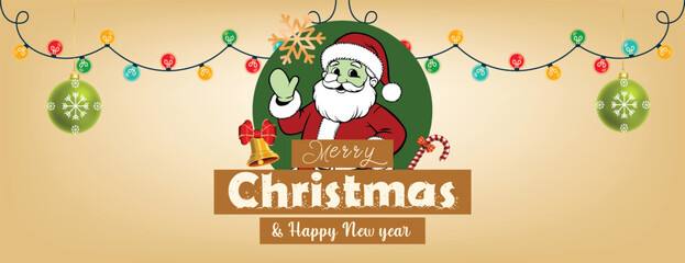 Fototapeta premium Christmas banner features a waving Santa Claus and festive decorations like string lights and ornaments on a warm beige background for Christmas social media cover banner header design