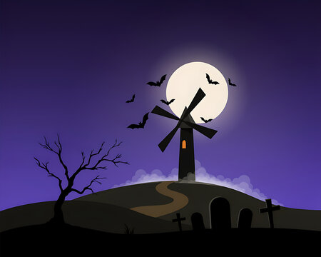 A dark silhouette of a windmill, tombstones, and a bare tree on a hill under a bright full moon with bats flying in a purple night sky