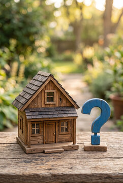 Miniature wooden house and question mark beside it, real estate decision concept, property sale, soft blurred natural background. Close-up.