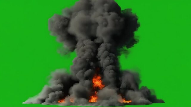 Nuclear mushroom explosion effect with fire and smoke on green screen