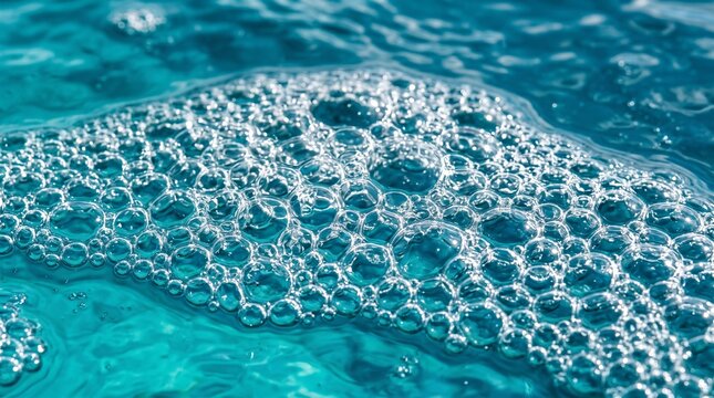 Turquoise water bubbles on surface, clear blue pool foam texture, refreshing aquatic background for wellness and spa